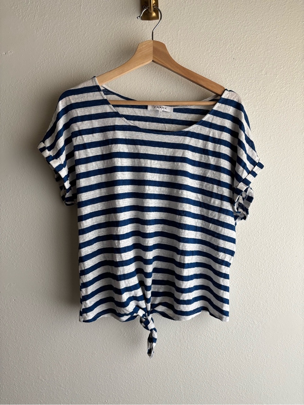 FRAME Women's Linen Breton Striped Tie Front Tee Top Size L True Blue White